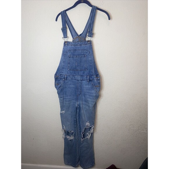 Womens Overalls Denim Distressed Jeans Art Small Rock Hole Y2k 90s - Picture 1 of 12